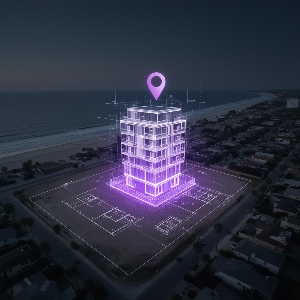 Terreno urbano à beira-mar com projeção holográfica de um prédio moderno